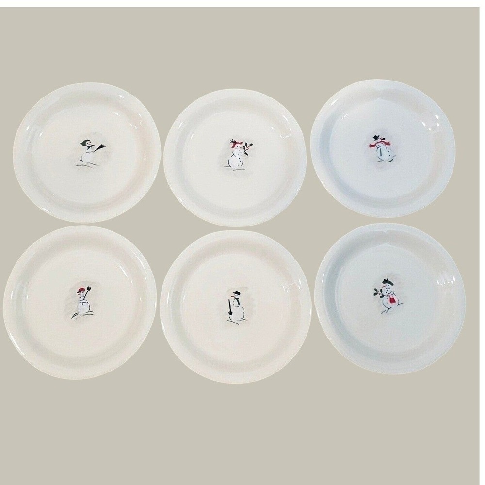 Vintage Williams Sonoma Snowman Dessert Plates Set of 6 Assorted Holiday White